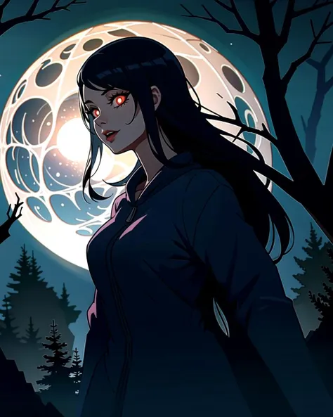 ((masterpiece), best quality, high quality, professional quality, highly detailed, highres, perfect lighting, natural lighting), giant spider, weaving web, between two trees, at night, moonlight, terrifying, horror theme