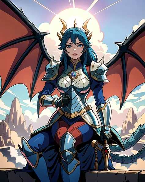 ((masterpiece), best quality, high quality, professional quality, highly detailed, highres, perfect lighting, natural lighting), blue dragon, (1girl, wearing armor, sitting on dragon, dragon rider, holding weapon), flying, flames, magic, clouds, sun in background