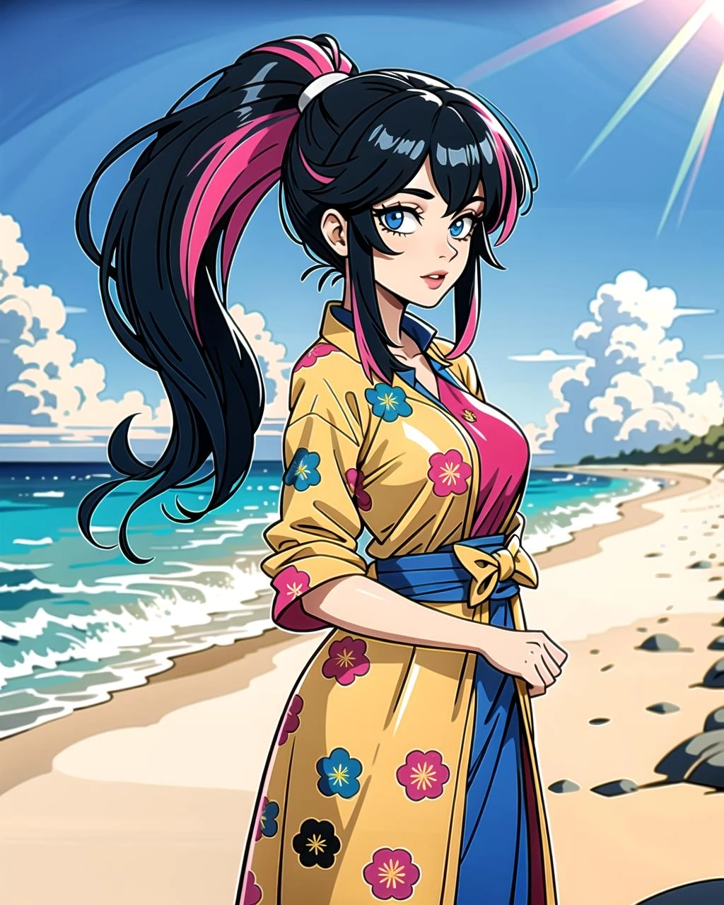 ((masterpiece), best quality, high quality, professional quality, highly detailed, highres, perfect lighting, natural lighting), (1girl, beautiful, medium breasts, (multicolored hair, blue hair,pink hair,black hair, long hair, high ponytail), perfecteyes eyes), (wearing tiger print, extremelyBeautiful_beautifulclotheswild/Extremely beautiful clothes), on the beach, walking the boardwalk, <lyco:locon_perfecteyes_v1_from_v1_64_32:0.6>