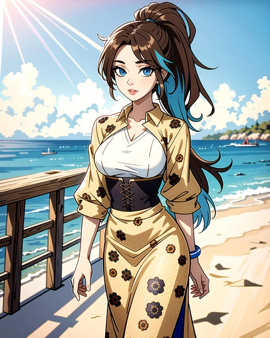 ((masterpiece), best quality, high quality, professional quality, highly detailed, highres, perfect lighting, natural lighting), (1girl, beautiful, medium breasts, (multicolored hair, blue hair,white hair,brown hair, long hair, high ponytail), perfecteyes eyes), (wearing cheetah print, extremelyBeautiful_beautifulclotheswild/Extremely beautiful clothes), on the beach, walking the boardwalk, <lyco:locon_perfecteyes_v1_from_v1_64_32:0.6>
