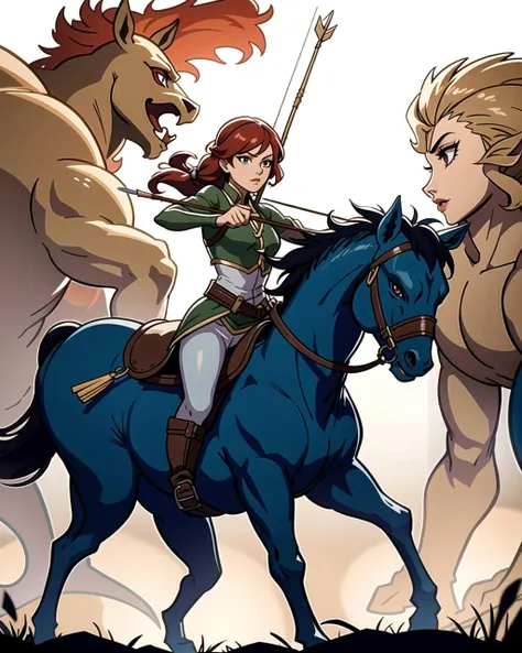 ((masterpiece), best quality, high quality, professional quality, highly detailed, highres, perfect lighting, natural lighting), female centaur, charging, bow and arrow drawn, in battle against monsters