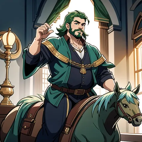 ((masterpiece), best quality, high quality, professional quality, highly detailed, highres, perfect lighting, natural lighting), (1boy, overweight, handsome, facial hair, medium length hair, green hair), wearing wizard robes, riding a horse, in a fantasy town