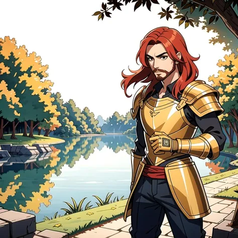 ((masterpiece), best quality, high quality, professional quality, highly detailed, highres, perfect lighting, natural lighting), (1boy, slender, handsome, facial hair, medium length hair, red hair), wearing armor, fighting, by a lake