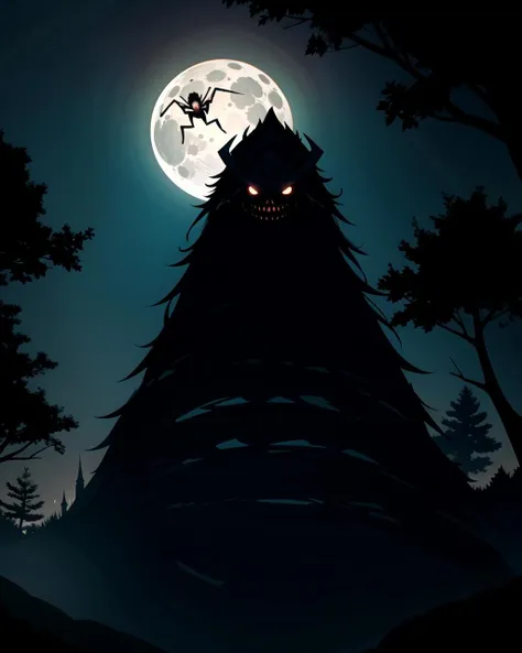 ((masterpiece), best quality, high quality, professional quality, highly detailed, highres, perfect lighting, natural lighting), giant spider, weaving web, between two trees, at night, moonlight, terrifying, horror theme