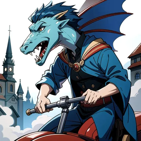 ((masterpiece), best quality, high quality, professional quality, highly detailed, highres, perfect lighting, natural lighting), (1boy, slender, handsome, no facial hair, short hair, blue hair), wearing wizard robes, riding a dragon, outdoors