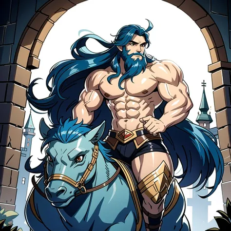 ((masterpiece), best quality, high quality, professional quality, highly detailed, highres, perfect lighting, natural lighting), (1boy, muscular, handsome, long beard, medium length hair, blue hair), wearing fantasy clothing, riding a dragon, in a castle