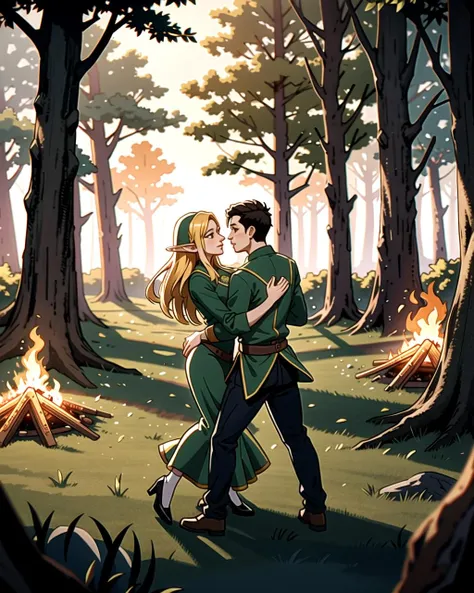 ((masterpiece), best quality, high quality, professional quality, highly detailed, highres, perfect lighting, natural lighting), group of elves, dancing, bonfire, in forest, surrounded by large trees