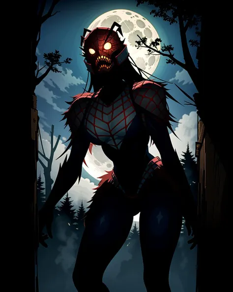 ((masterpiece), best quality, high quality, professional quality, highly detailed, highres, perfect lighting, natural lighting), giant spider, weaving web, between two trees, at night, moonlight, terrifying, horror theme