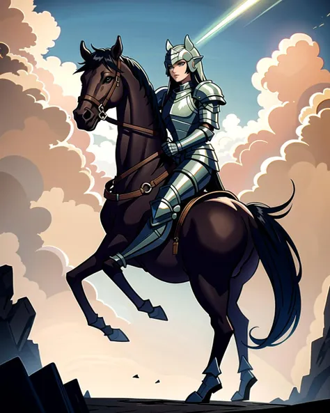 ((masterpiece), best quality, high quality, professional quality, highly detailed, highres, perfect lighting, natural lighting), knight, wearing armor, holding weapon, horseback, stallion, battle against goblins