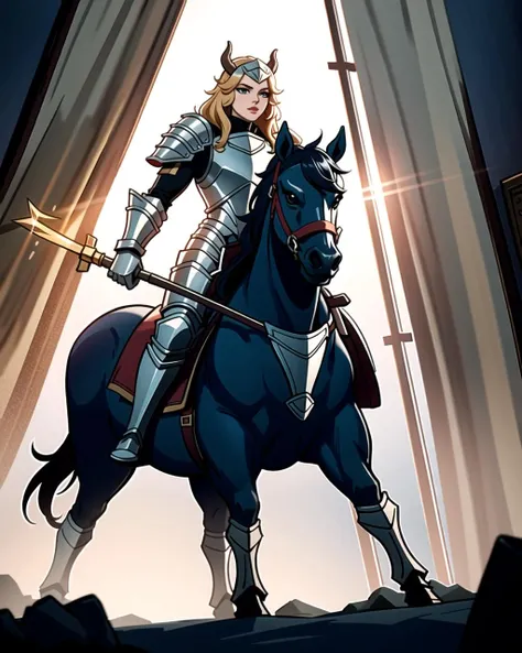 ((masterpiece), best quality, high quality, professional quality, highly detailed, highres, perfect lighting, natural lighting), knight, wearing armor, holding weapon, horseback, stallion, battle against minotaur