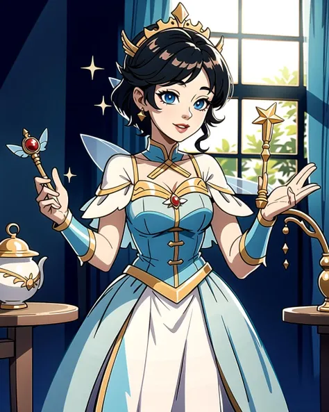 ((masterpiece), best quality, high quality, professional quality, highly detailed, highres, perfect lighting, natural lighting), beautiful, fairy godmother, waving wand, granting a wish, making dreams come true