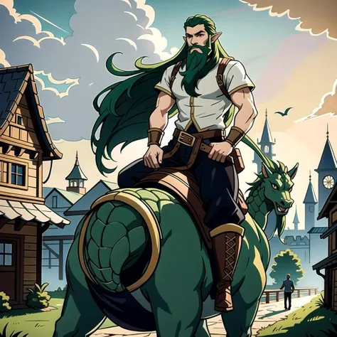 ((masterpiece), best quality, high quality, professional quality, highly detailed, highres, perfect lighting, natural lighting), (1boy, slender, handsome, long beard, long hair, green hair), wearing fantasy clothing, riding a dragon, in a fantasy town