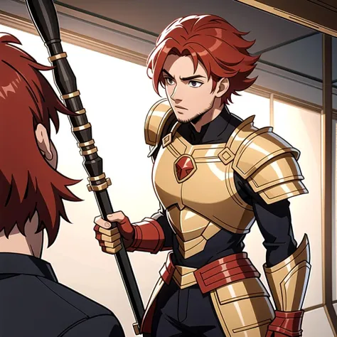 ((masterpiece), best quality, high quality, professional quality, highly detailed, highres, perfect lighting, natural lighting), (1boy, slender, handsome, no facial hair, short hair, red hair), wearing armor, fighting, on a battlefield