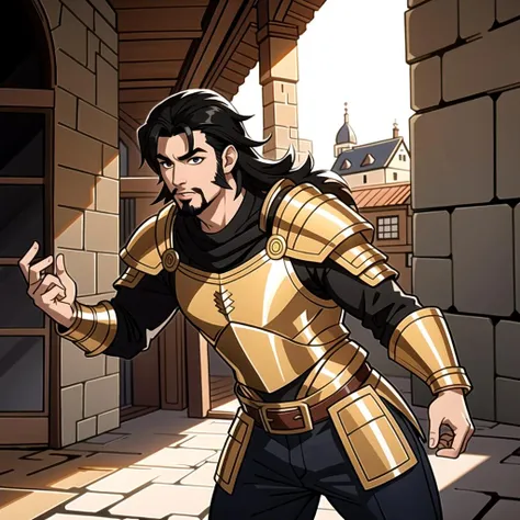 ((masterpiece), best quality, high quality, professional quality, highly detailed, highres, perfect lighting, natural lighting), (1boy, overweight, handsome, goatee, medium length hair, black hair), wearing armor, fighting, in a fantasy town