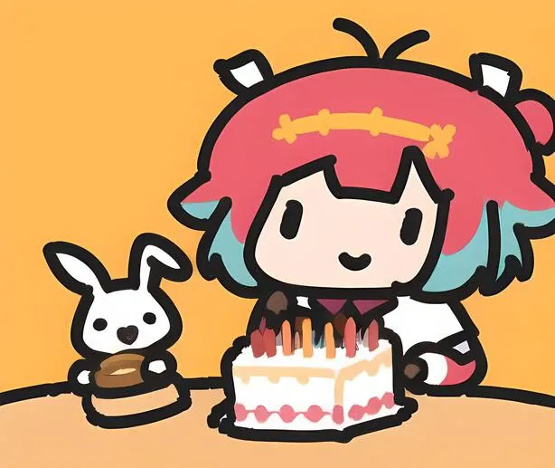 1 girl, smol, <lora:smol:1>, pink hair, happy, party cap, birthday cake, 1rabbit, animal