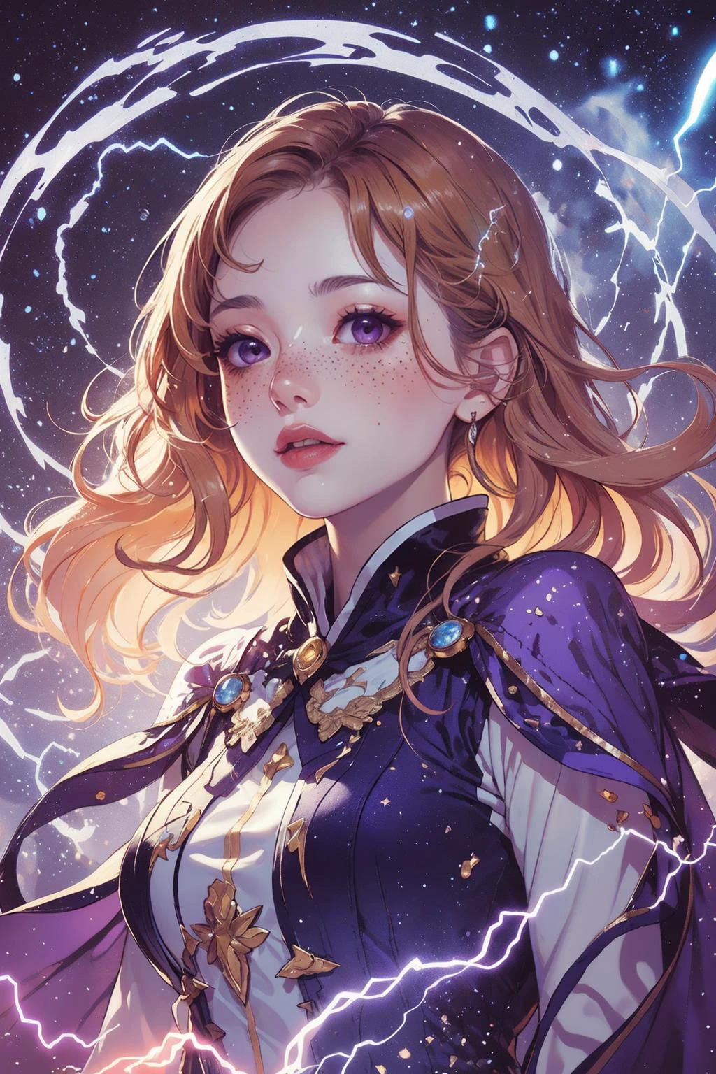 (intricate detail, beautiful:1.2), <lora:smol02:0.4>, <lora:Dreamwave v3:0.5>,
1 girl, adult woman, freckles, brown eyes, ginger beach waves hair, ombre,
Style-GravityMagic, portrait, solo, (full body:0.6), looking up, detailed background, detailed face, (<lora:ldv2:0.6>, glowing, electricity, purple, Lightning theme:1.1), bubble-mage, happy, levitating, purple mage robes, surrounded by magical bubbles, floating orbs, large bubbles, floating sparkling particles, foam, transclucent, glowing bubbles, shimmering, ethereal aura, bubbles in background, intricate patterns, starry sky, jovial ethereal atmosphere,