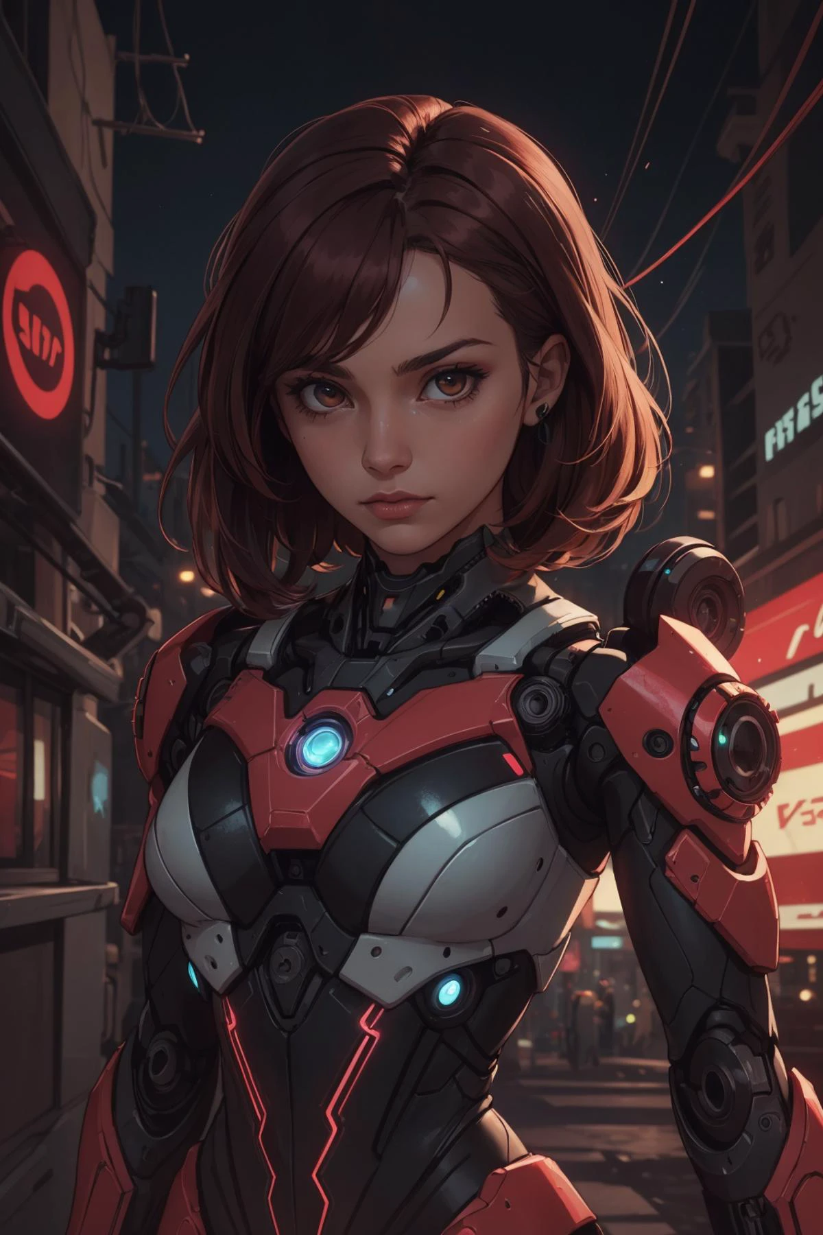 (masterpiece, best quality:1.2), <lora:smol02:0.4>, <lora:tangbohu-line_1.0:0.6>,
1 girl, adult woman, brown eyes, dark red layered hair, ombre,
<lora:GoodHands-beta2:0.8>,
portrait, solo, (full body:0.6), looking away, detailed background, detailed face, ( theme:1.1), android, biomechanical limbs, cables, emotionless, sleek design, augmented reality, robotics, gears, powered by magic, particle effects, flashing lights, reflections, neon colors, cables in background, cinematic atmosphere,