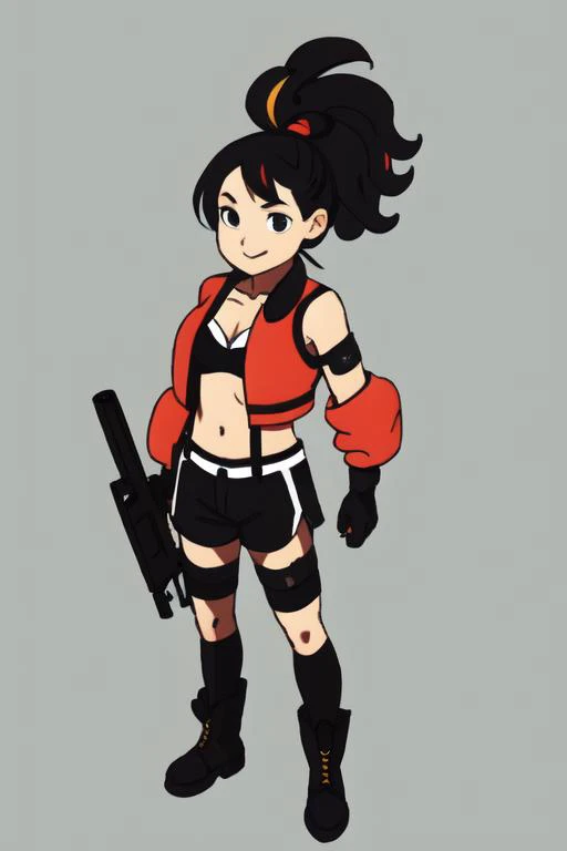 <lora:smol02:1>, 1girl, virtual youtuber, solo, stuffed shark, holding, stuffed animal, breasts, stuffed toy, weapon, red hair, gun, green jacket, shorts, hair over one eye, jacket, handgun, tube top, strapless, pouch, holding gun, black shorts, streaked hair, thigh strap, holding weapon, black hair, off shoulder, cleavage, suspenders, full body, holding stuffed toy, multicolored hair, white background, bangs, standing, bare shoulders, navel, ponytail, midriff, long hair, simple background, boots, stomach, looking at viewer, black footwear, smile, bandeau, short shorts, long sleeves, thighs, gloves, open clothes, thighhighs, open jacket, fingerless gloves, large breasts, piercing, collarbone, bandaid, black gloves, bike shorts, ear piercing, grey eyes, bandaid on leg, open fly
