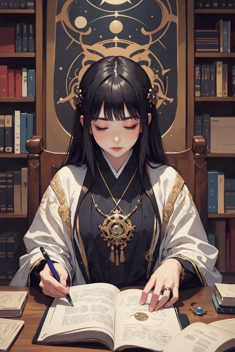 (intricate detail, beautiful:1.2), <lora:smol02:0.4>, <lora:Dreamwave v3:0.5>, <lora:GoodHands-beta2:0.8>, 1girl, asian woman, bangs, Style-GravityMagic, solo, (full body:0.6), looking away, detailed background, detailed face, intricate details, (occult, dark cultist theme:1.1) scribe sitting at desk, scholar robes, researching, concentrating, surrounded by books, papers, scrolls, glowing magical symbols, magic texts, ledger, formulas, magic emerging from text, ancient magic, intelligence, study room in background, filtered light, ethereal atmosphere,