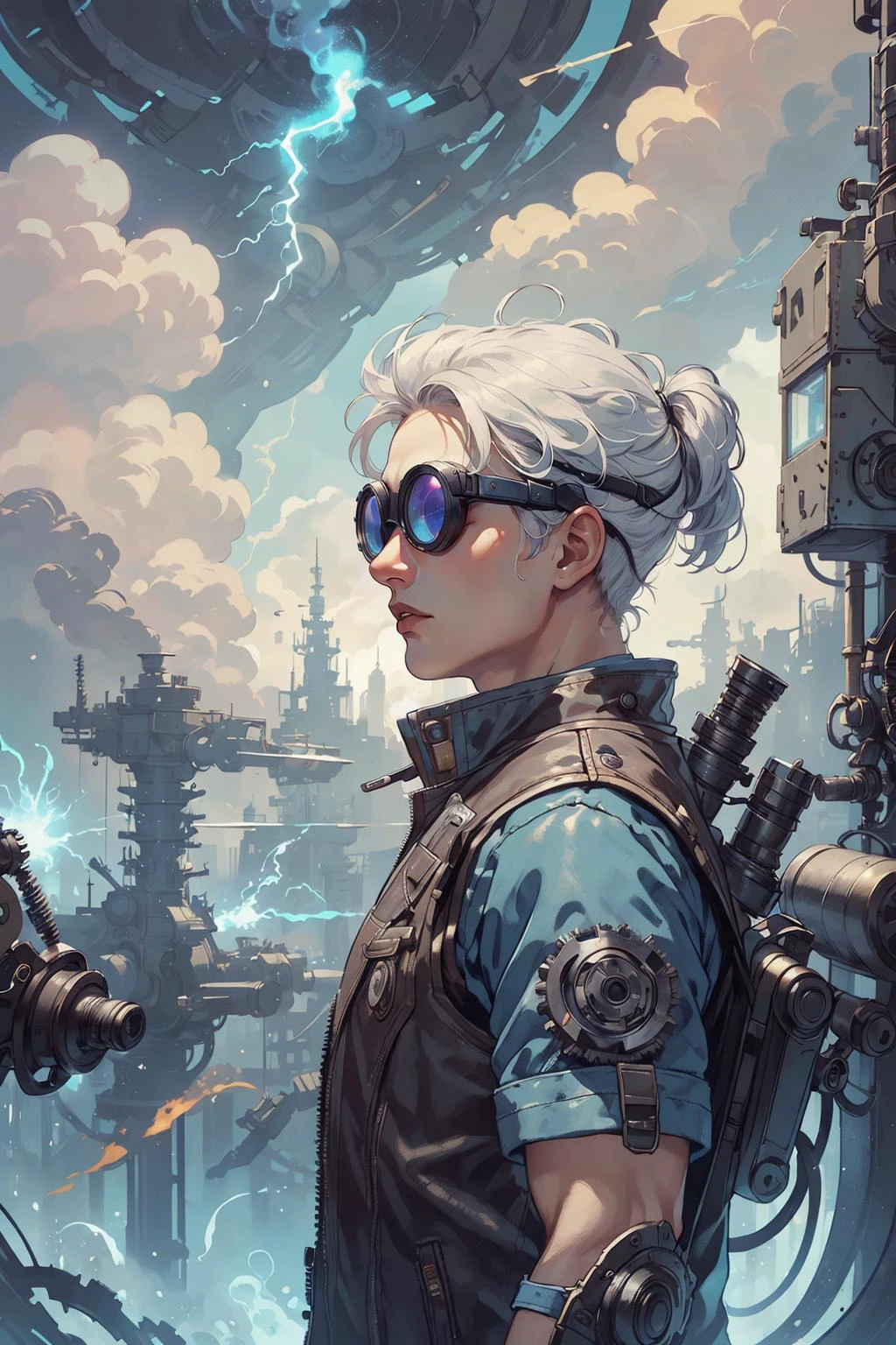 (intricate detail, beautiful:1.2), <lora:smol02:0.4>, <lora:Dreamwave v3:0.5>,
(1man, muscular adult european male:1.2), aquamarine eyes, white hair, textured crop,
(style-swirlmagic:0.9), portrait, looking away, solo, from side, side view, half shot, detailed background, (<lora:PunkBundleAI:0.4>, teslapunkai, retro-futuristic theme:1.1) determined expression, bright clouds artificer, floating screws, purple patched leather vest with gears, techwear, mechanical arm, goggles with multiple lenses, flintlock pistol, war machines on battlefield in background, machines, steam, industry, technology, gears turning,