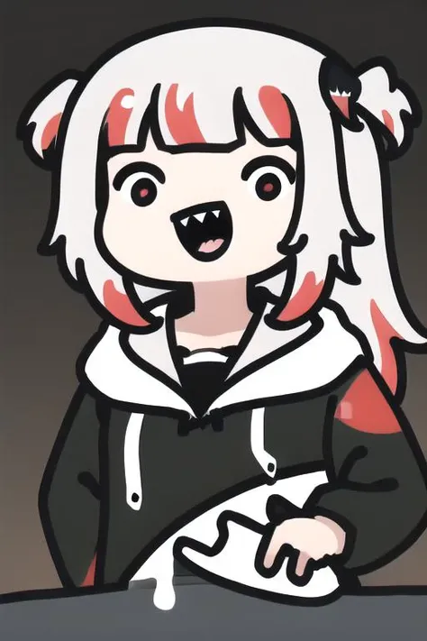 <lora:smol02:1>, 1girl,
upper body, (top down:1.2),
anime,
best quality, high quality, <lora:gura:1.2>, gawr gura, sharp teeth, shark tail, gura_red, red eyes, streaked hair, black hoodie,