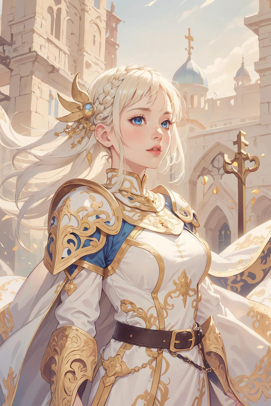 (intricate detail, beautiful:1.2), <lora:smol02:0.4>, <lora:Dreamwave v3:0.5>,
<lora:GoodHands-beta2:0.8>,
1 girl, adult (elven:0.7) woman, blue eyes, white fishtail braid,
Style-GravityMagic, solo, from front, front view, (full body:0.6), detailed background, detailed face, (<lora:DecorationBundlev2:0.4>, ivorygoldai, ivory-gold theme:1.1), medieval crusader knight, battle scars, wearing shining armor, belt, cross symbols, honor, praying, crusades era, forgotten crypt in background, wind blowing,