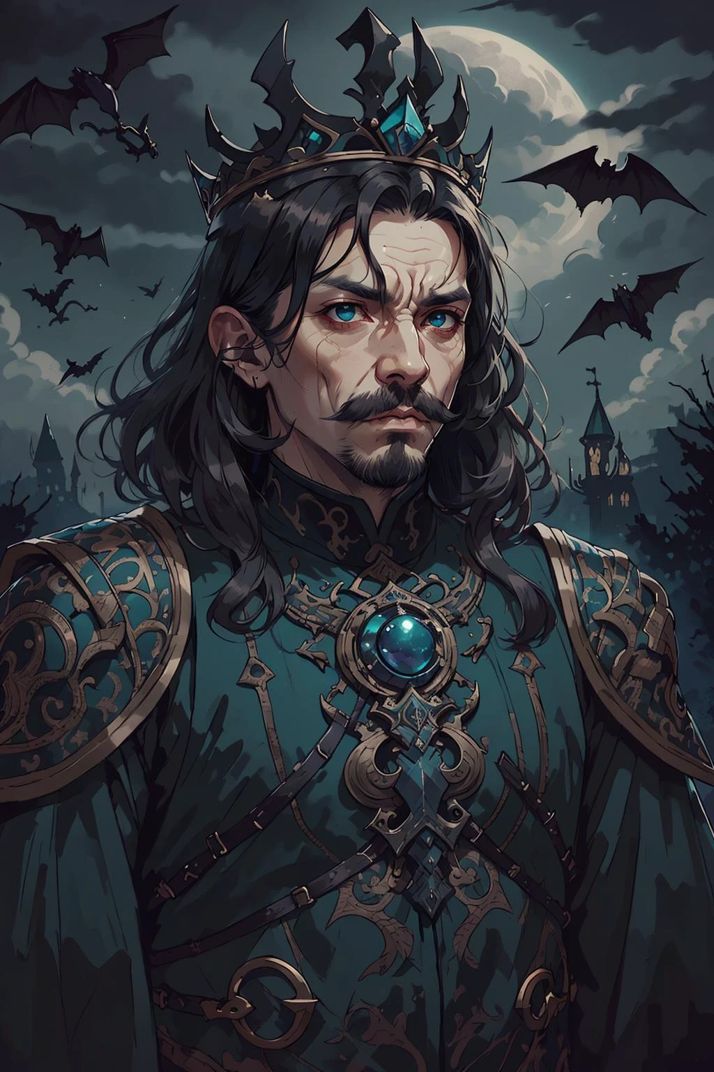 (intricate detail, beautiful:1.2), <lora:smol02:0.4>, <lora:Dreamwave v3:0.5>,
(1man, wrinkled face, old male:1.2), wise, teal eyes, dark brown hair, fade with mustache,
portrait, solo, (full body:0.6), detailed background, detailed face, (<lora:DecorationBundlev2:0.6> EbonyGoldAI theme:1.1), warlord, tyrannical, angry expression, ominous presence, dark clothes, heavy runic armor, evil thorned crown, eerie apparitions slithering within the darkness, bats in background, dark tower in background, misty dark atmosphere, dark night,