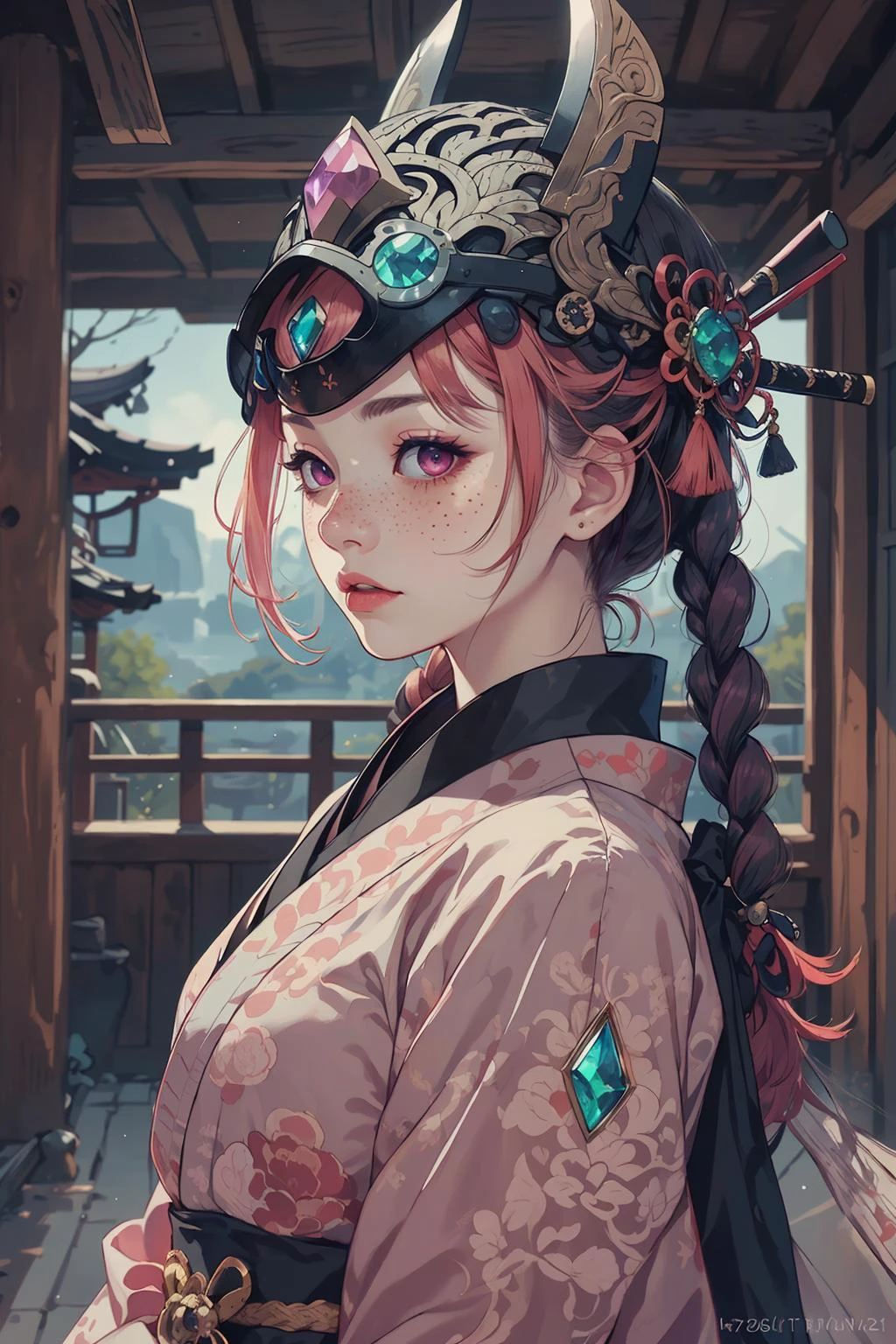 (intricate detail, beautiful:1.2), <lora:smol02:0.4>, <lora:Dreamwave v3:0.5>,
1 girl, adult polish woman, freckles, pink eyes, ginger dutch braid, ombre,
portrait, solo, from side, side view, half shot, looking at viewer, detailed background, detailed face, (<lora:DecorationBundlev2:0.4>, GemstoneAI, gemstone theme:1.1), shogun, dark green samurai clothing, samurai helmet, calm, samurai crest, bushido, dojo in background, cinematic atmosphere,