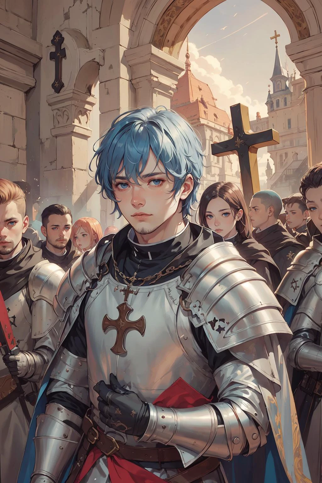 (intricate detail, beautiful:1.2), <lora:smol02:0.4>, <lora:Dreamwave v3:0.5>,
<lora:GoodHands-beta2:0.8>,
(1man, masculine adult ukrainian male:1.2), light blue eyes, copper hair, taper fade,
solo, half shot, looking at viewer, detailed background, detailed face, (maltese cross, knight hospitaller theme:1.1), medieval crusader , solemn demeanor, wearing heavy armor, cross necklace, cross symbols, sacrament, , deus vult, praying, crusades era, holy christian relic in background, sunrise, wind blowing,