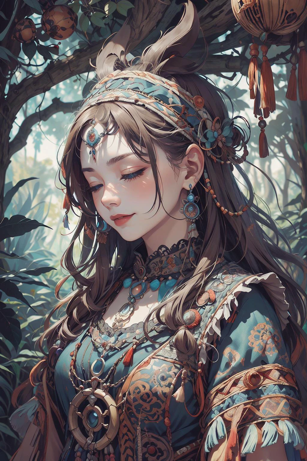 (intricate detail, beautiful:1.2), <lora:smol02:0.4>, <lora:Dreamwave v3:0.5>,
<lora:GoodHands-beta2:0.8>,
(1man, masculine adult male:1.2), blue eyes, auburn hair, quiff,
solo, from front, front view, upper body, (eyes closed:1.1), detailed background, detailed face, (<lora:BohoAI:0.6>, bohoai, boho theme:1.1), wise smile, spiritual guide, tribal vodoo shaman, mystical, dark red feathered raiments, relic, ritualistic talisman, surrounded by blue magic swirls, lush forest in background, primitive traditions, whirlwind, foreboding atmosphere,