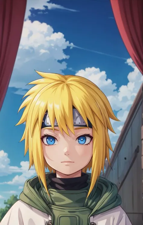 1 boy,more details in eyes,cute,looking at viewer, adorabel boy,cute face,details sky,handsome,young,juvenile,((masterpiece:1.4,best quality)),multiple details,eyeshadow,sfw, full shot,
<lora:minato-000006:0.7>, FOREHEAD PROTECTOR , yellow hair
