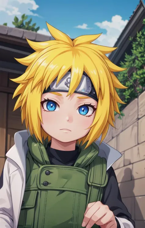 1 boy,more details in eyes,cute,looking at viewer, adorabel boy,cute face,details sky,handsome,young,juvenile,((masterpiece:1.4,best quality)),multiple details,eyeshadow,sfw, full shot,
<lora:minato-000006:0.7>, FOREHEAD PROTECTOR , yellow hair