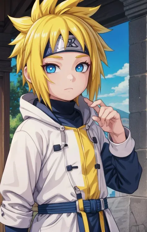 1 boy,more details in eyes,cute,looking at viewer, adorabel boy,cute face,details sky,handsome,young,juvenile,((masterpiece:1.4,best quality)),multiple details,eyeshadow,sfw, full shot,
<lora:minato-000006:0.7>, FOREHEAD PROTECTOR , yellow hair