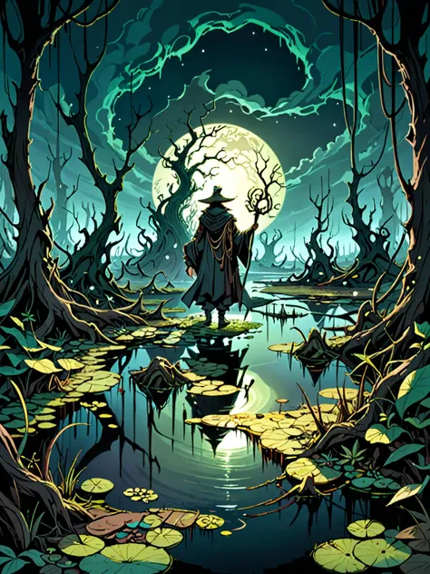 by Brian Froud and Petros Afshar, ((no people:1.9)),  photo-realistic medium full shot of  an (otherworldly landscape:1.2), swamp, (exquisite , elegant , masterful:1.4), bold lines, ultra-detailed, award winning,  dark limited color palette, high contrast, depth of field, (intricate details, masterpiece, best quality:1.4), underlighting, dynamic pose, wide angle panoramic view, <lora:add-detail-xl:0.5> <lora:xl_more_art-full_v1:0.5><lora:add_detail:1>,<lora:epi_noiseoffset2:1>