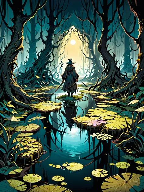 by Brian Froud and Petros Afshar, ((no people:1.9)), photo-realistic medium full shot of an (otherworldly landscape:1.2), swamp, (exquisite , elegant , masterful:1.4), bold lines, ultra-detailed, award winning, dark limited color palette, high contrast, depth of field, (intricate details, masterpiece, best quality:1.4), underlighting, dynamic pose, wide angle panoramic view, <lora:add-detail-xl:0.5> <lora:xl_more_art-full_v1:0.5><lora:add_detail:1>,<lora:epi_noiseoffset2:1>