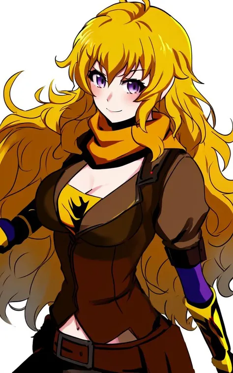 <lora:rwby_yang:0.7> rwby_yang 1girl, blonde hair long hair ahoge wavy hair bangs, purple eyes prosthesis arm, large breasts
