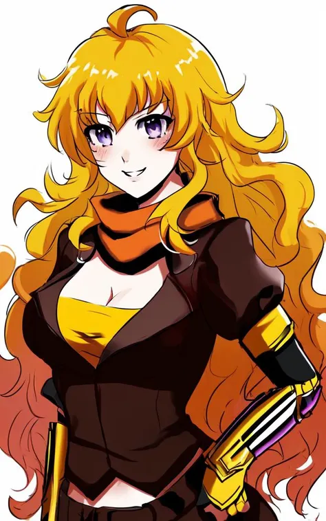 <lora:rwby_yang:0.7> rwby_yang 1girl, blonde hair long hair ahoge wavy hair bangs, purple eyes prosthesis arm, large breasts