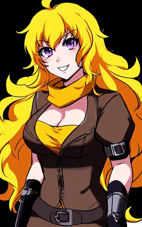 <lora:rwby_yang:0.7> rwby_yang 1girl, blonde hair long hair ahoge wavy hair bangs, purple eyes prosthesis arm, large breasts