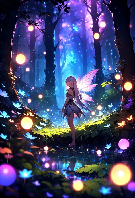 (macro photo:1.3), rainy forest, 1girl, glowing, night, fantasy,fairy forest colorful details,bokeh