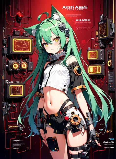 1 girl, akashi \(azur lane\), azur lane, cat ears,yellow eyes,  
cyberpunk,red and black background,circuit diagram,
best quality, (ai-generated:0.1),
rating:general