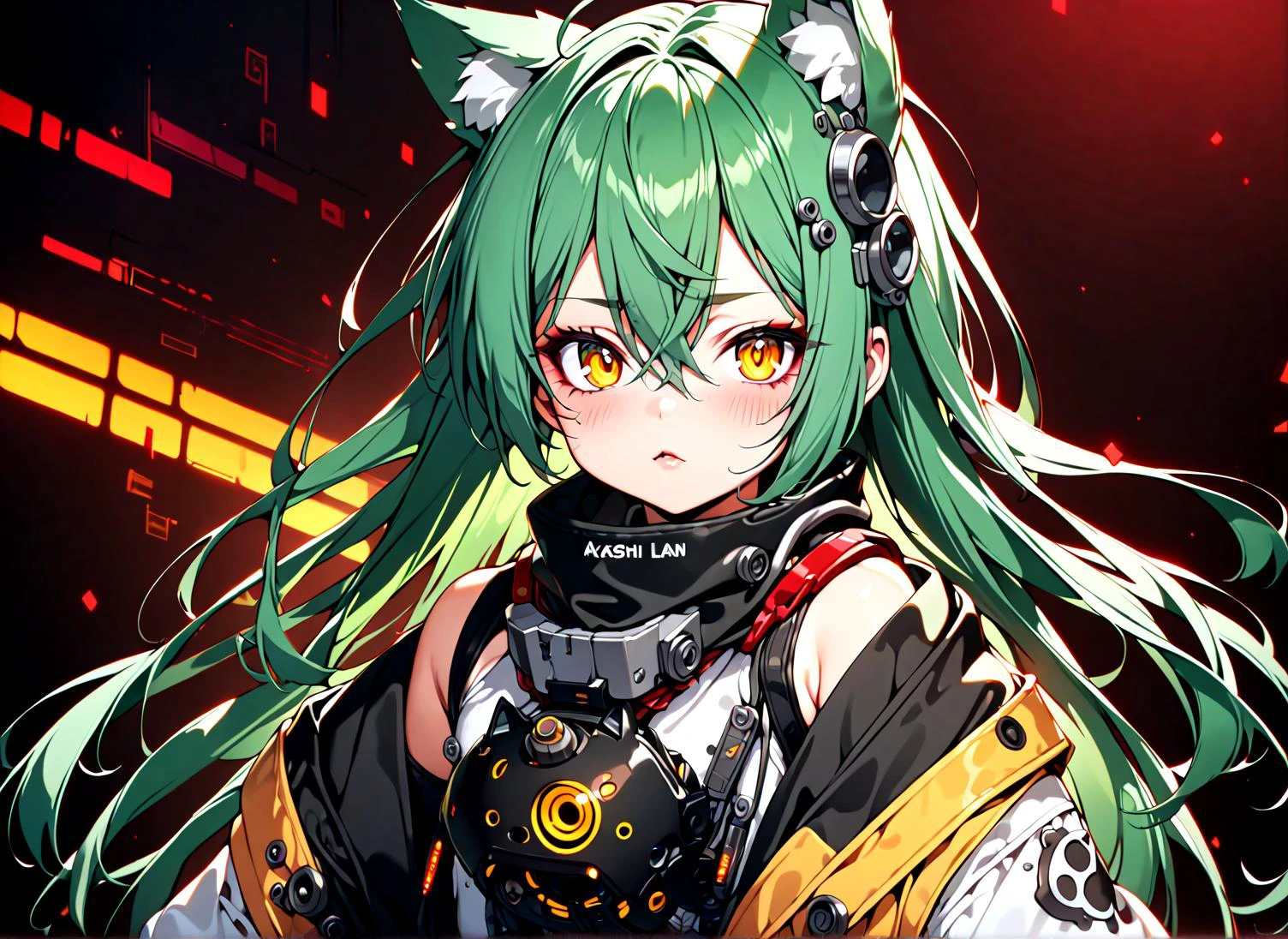 1 girl, akashi \(azur lane\), azur lane, cat ears,yellow eyes,
cyberpunk,red and black background,
best quality, (ai-generated:0.1),
rating:general