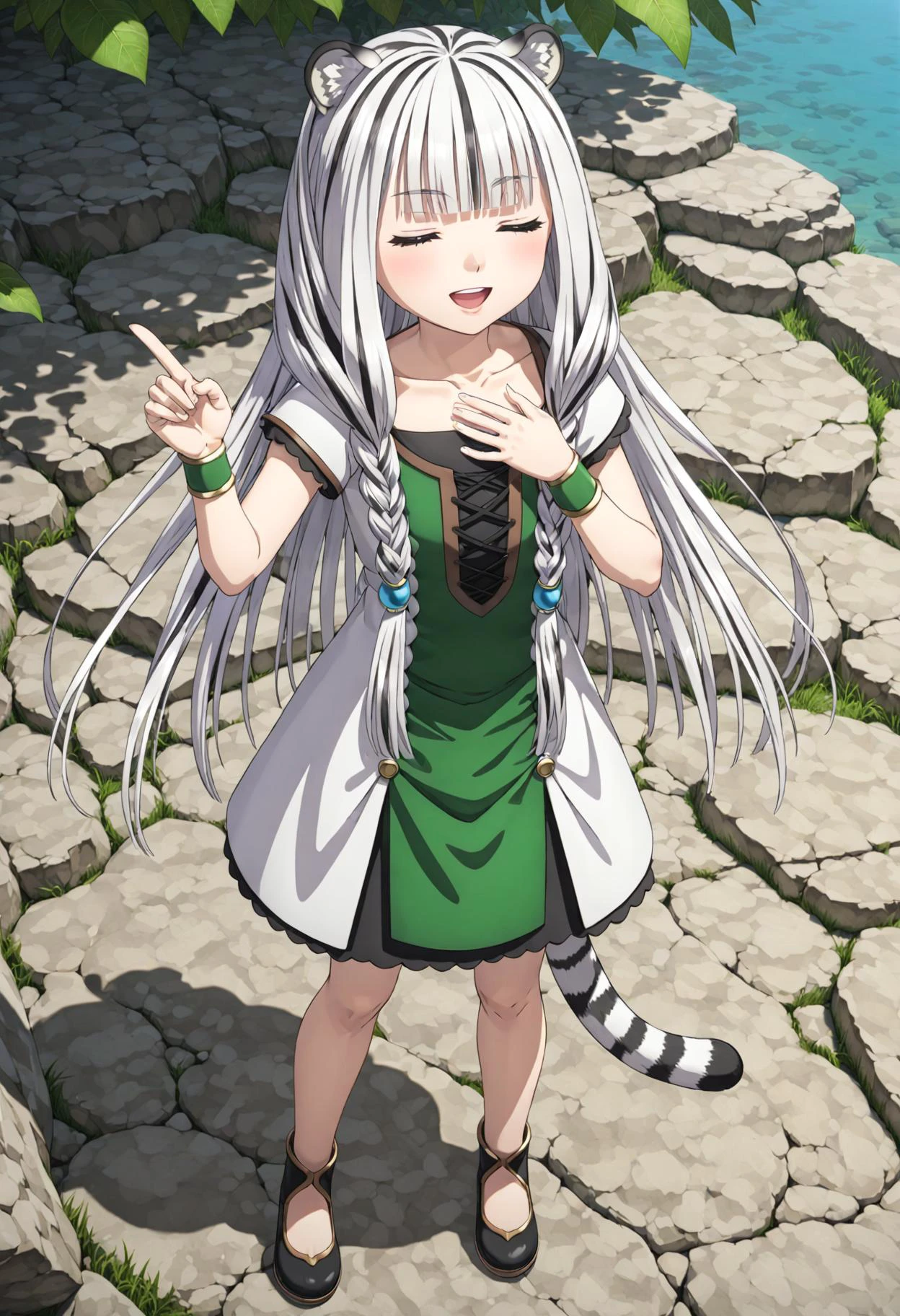 1girl, (yuzu modoki), standing, from above, smile, open mouth, hair ornament, full body, green dress, white dress, multicolored dress, black skirt, cross-laced, short sleeves, closed eyes, white hair, two-tone hair, long hair, twin braids, low twin braids, tiger ears, tiger tail emerging from under skirt, bracelet, black footwear, (index finger raised), arm up, hand on own chest, blue sky,  (masterpiece, best quality), detailed scenery, highly detailed, finely detailed, (3d render:0.4) <lora:atla_animaginexl_1-11:0.8>  <lora:flat1_xl:-1>