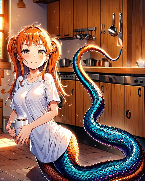 lamia, 1girl, sleepy lamia girl in the kitchen, droopy eyes, looking at viewer, messy hair, oversized t-shirt, long orange hair, extremely long tail on the ground, blue scales, lit by morning sun, (modern western style kitchen with a large window:1.3), sleepy, cute, big tits, holding white coffee mug , dust particles in the air, hands holding hem of shirt,