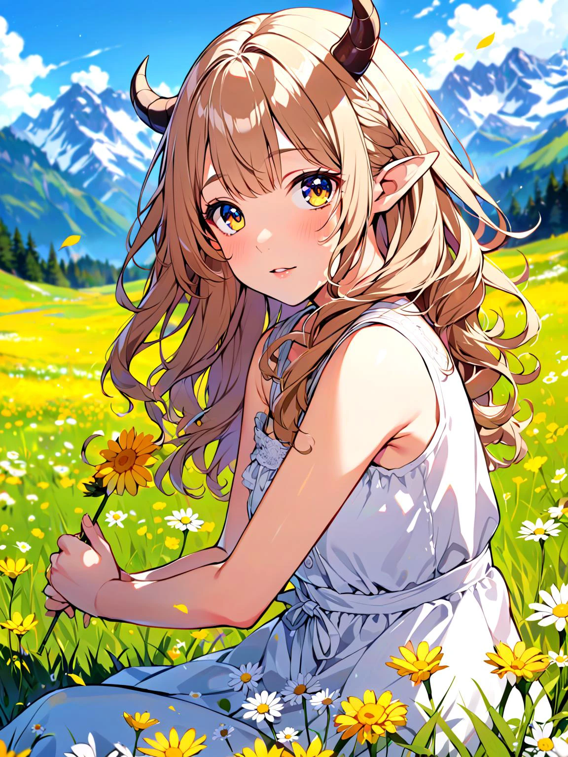 (looking at viewer:1.3), portrait, 1girl, long wavy hair, curly ram's horns, pointy ears, sitting on the ground, in the mountains, white sundress, holding yellow flower, alps, a meadow covered in wild flowers, (shiina mahiru:aisaka taiga:0,5)