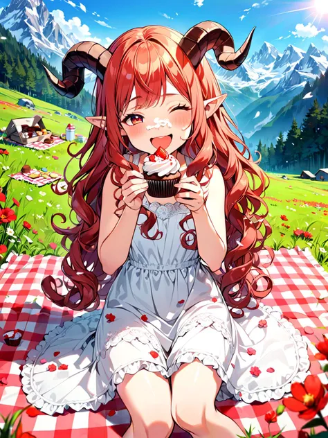 pov, looking at viewer, wide angle, 1girl, (long wavy hair, curly ram's horns, pointy ears:1.3), picnic, holding a cupcake, laughing, cream on the tip of her nose, cute, clumsy, sitting on blanket with checkered pattern, laid out , in the mountains, (white sundress:1.3),  alps, a meadow covered in red flowers