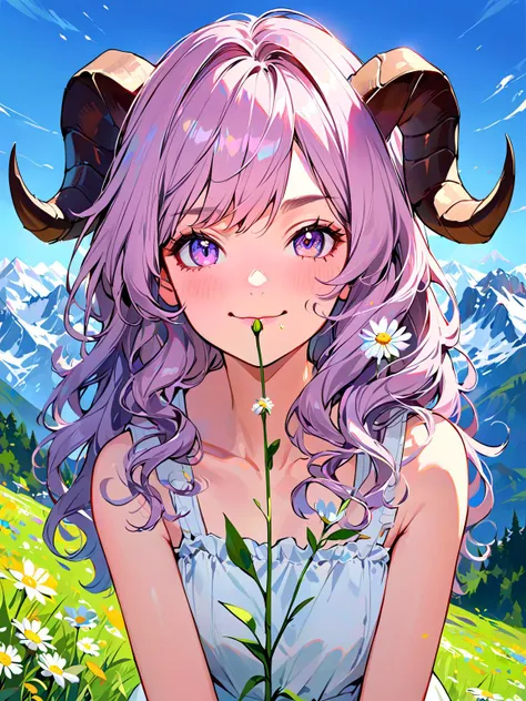 pastel colors, painterly, portrait, 1girl, long wavy hair, curly ram's horns,  in the mountains, white sundress, smug, flower in mouth, alps, a meadow covered in wild flowers,