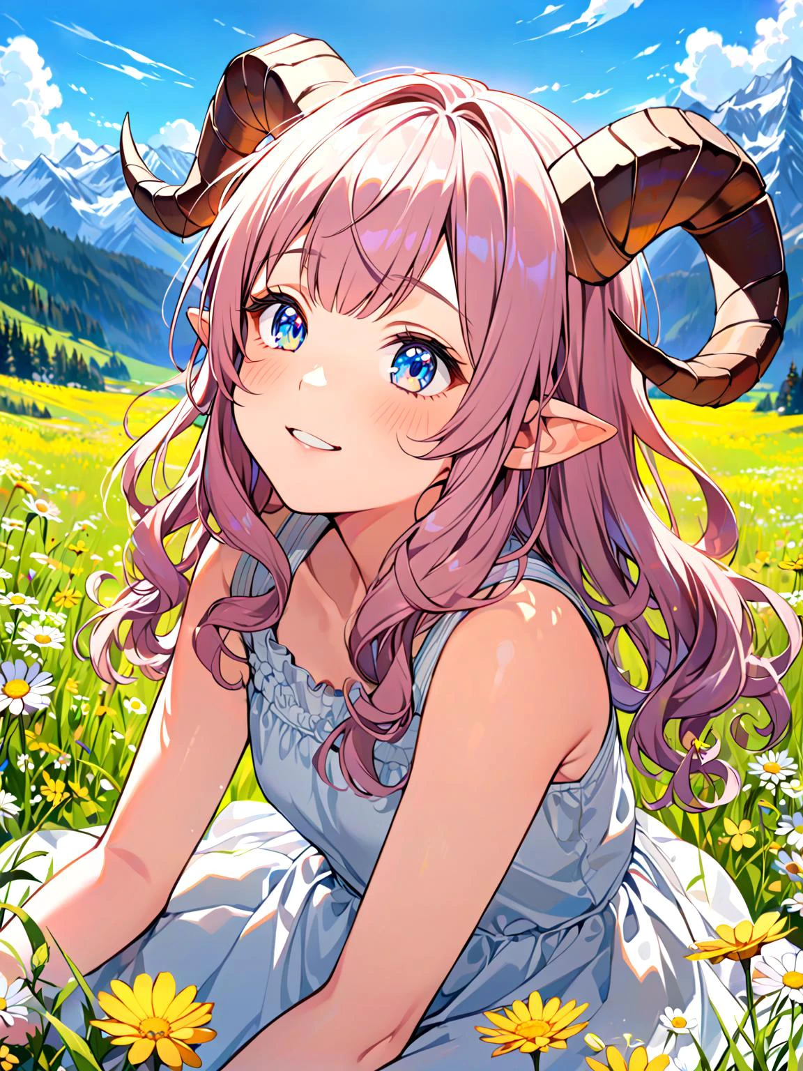 eye contact, pastel colors, oil painting, portrait, 1girl, long wavy hair, curly ram's horns, pointy ears, sitting on the ground, in the mountains, white sundress, smug, holding yellow flower, alps, a meadow covered in wild flowers, (shiina mahiru:aisaka taiga:0,5)