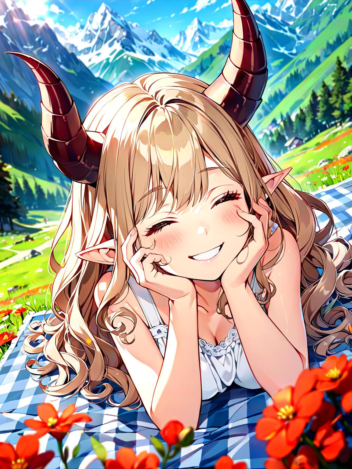 top down perspective, pov, wide angle, 1girl, (long wavy hair, curly ram's horns, pointy ears:1.3), picnic, laying head in hand, hand caressing cheek, happy, smiling, embarrassed, one eye closed, sitting on blanket with checkered pattern, laid out , in the mountains, (white sundress:1.3),  alps, a meadow covered in red flowers