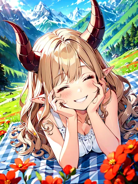 top down perspective, pov, wide angle, 1girl, (long wavy hair, curly ram's horns, pointy ears:1.3), picnic, laying head in hand, hand caressing cheek, happy, smiling, embarrassed, one eye closed, sitting on blanket with checkered pattern, laid out , in the mountains, (white sundress:1.3),  alps, a meadow covered in red flowers