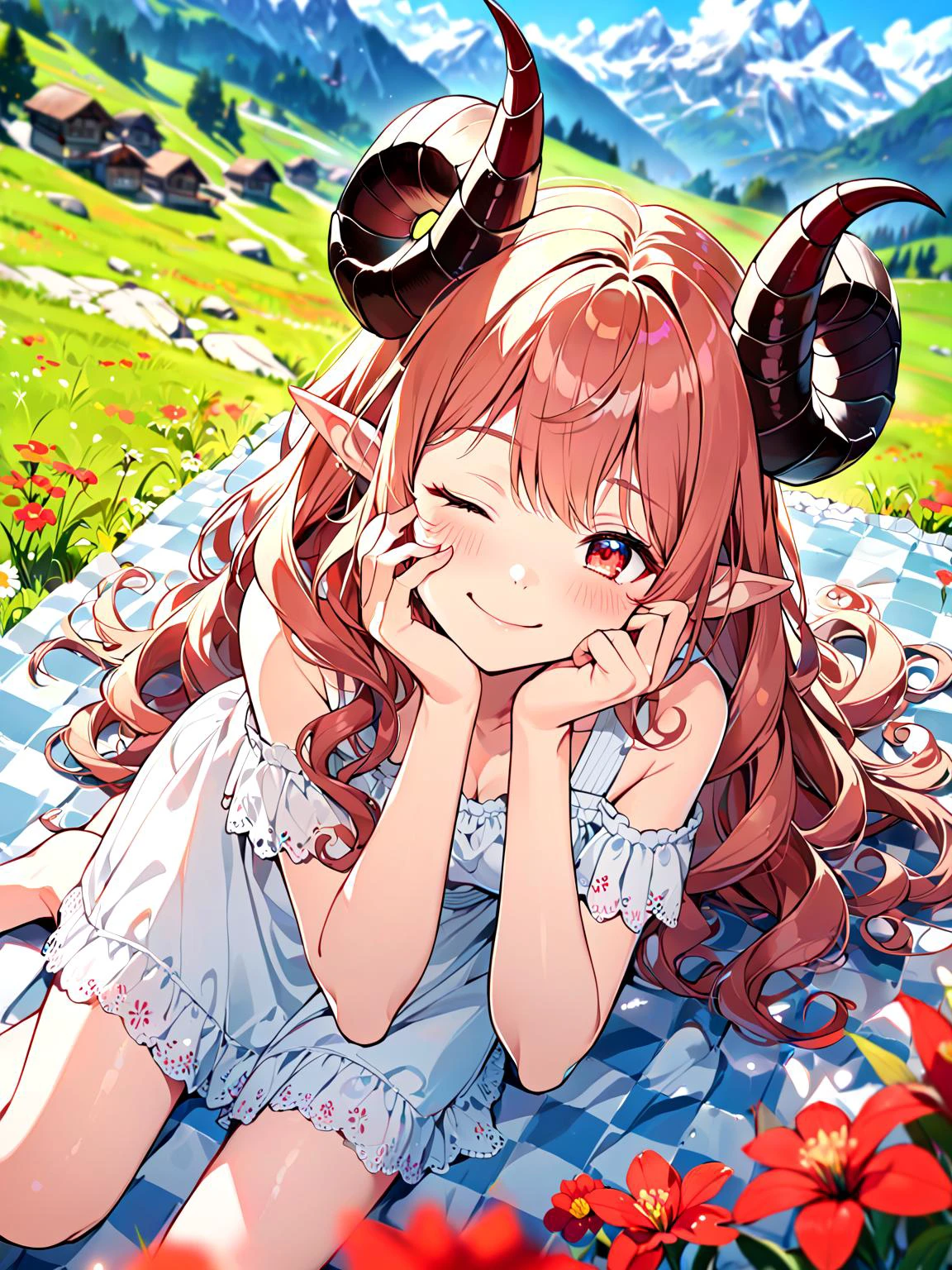 top down perspective, pov, wide angle, 1girl, (long wavy hair, curly ram's horns, pointy ears:1.3), picnic, laying head in hand, hand caressing cheek, happy, smiling, embarrassed, one eye closed, sitting on blanket with checkered pattern, laid out , in the mountains, (white sundress:1.3), alps, a meadow covered in red flowers